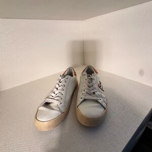 Women's White Sneakers with blue/white striped heart